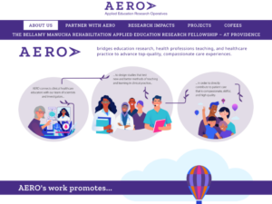 Homepage of AERO - Applied Education Research Operatives, featuring a professional design with a focus on bridging education research, healthcare teaching, and patient care improvement.