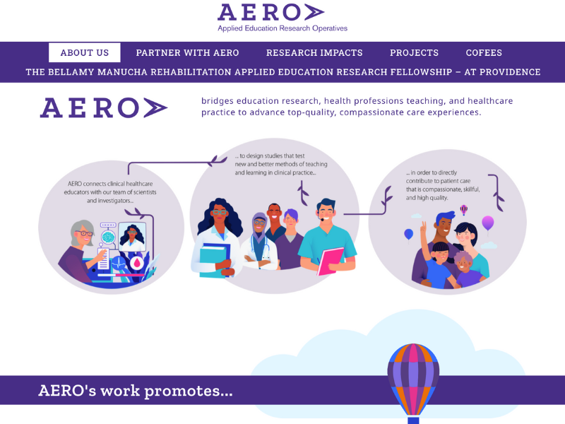 Homepage of AERO - Applied Education Research Operatives, featuring a professional design with a focus on bridging education research, healthcare teaching, and patient care improvement.