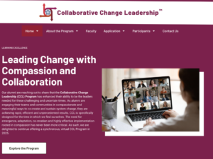 Homepage of the Collaborative Change Leadership website, featuring a bold maroon design, a header with navigation links, and a main section highlighting leadership with compassion and collaboration, including an image of a virtual meeting.