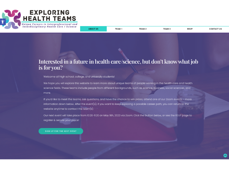 Homepage of the Exploring Health Teams website, featuring a modern design with a focus on careers in healthcare and science, including an engaging call-to-action for students to register for events.