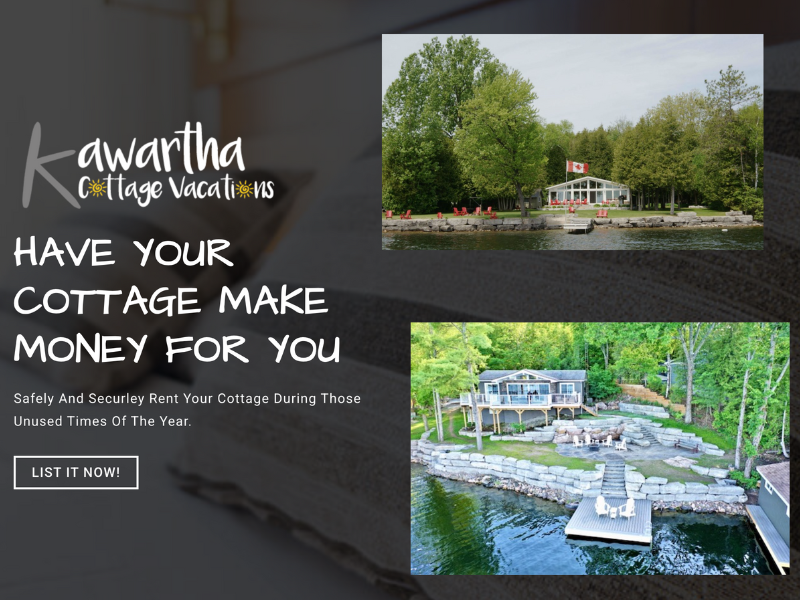 Homepage of the Kawartha Cottage Vacations landing page for cottage owners, featuring a modern design with a call-to-action encouraging users to list their cottages for rental, alongside scenic images of waterfront properties.