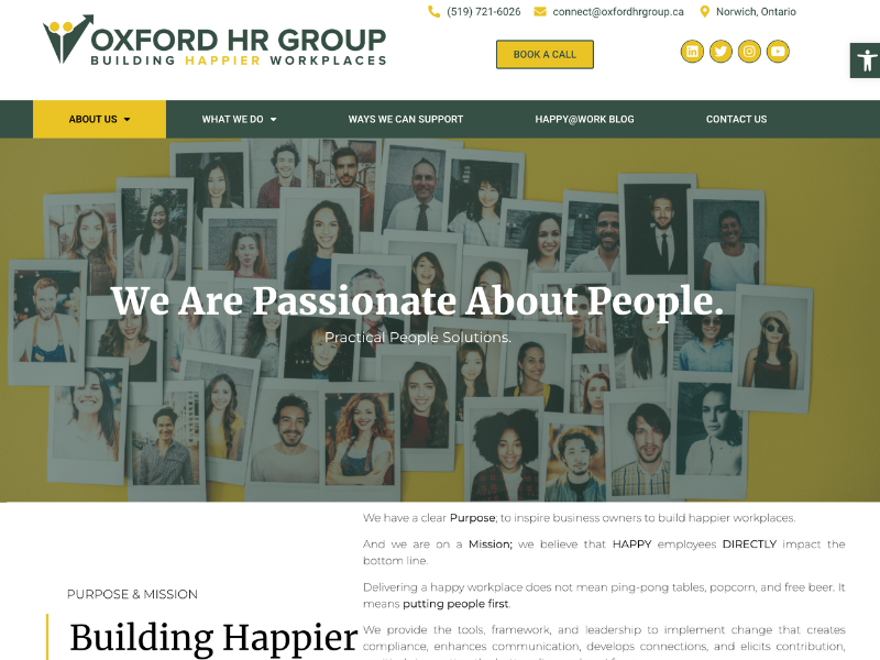 Homepage of the Oxford HR Group website, featuring a modern design with a focus on building happier workplaces, including a mission-driven message and a collage of diverse employee images.