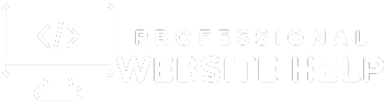 Logo for Professional Website Help, featuring a minimalist computer screen icon with a code symbol and the text ‘Professional Website Help’ in bold, white font.